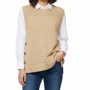 Chico's Beige‎ Taupe Cotton Linen Sweater Vest 3 XL Side Button Layers Preppy
